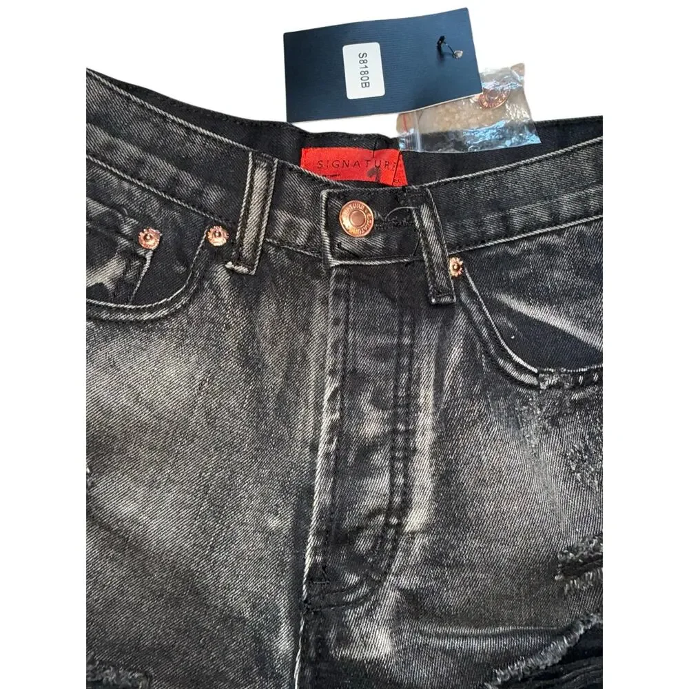 Signature 8 Black Distressed Denim Shorts Red & Black Side Stripe High Rise NWT
